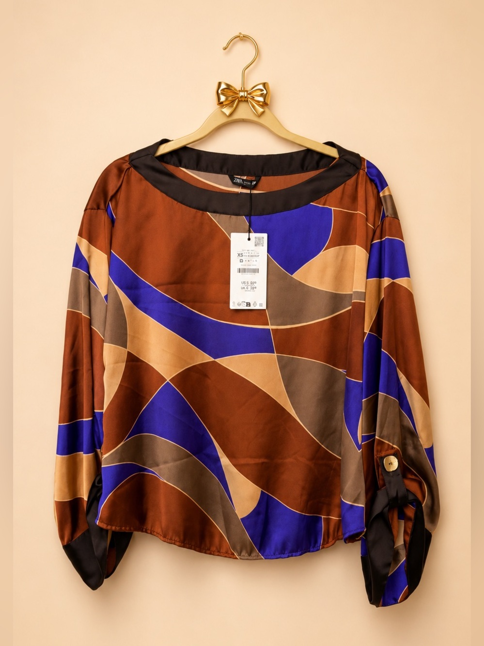 Zara Satin Abstract Wave Blouse in Brown & Blue